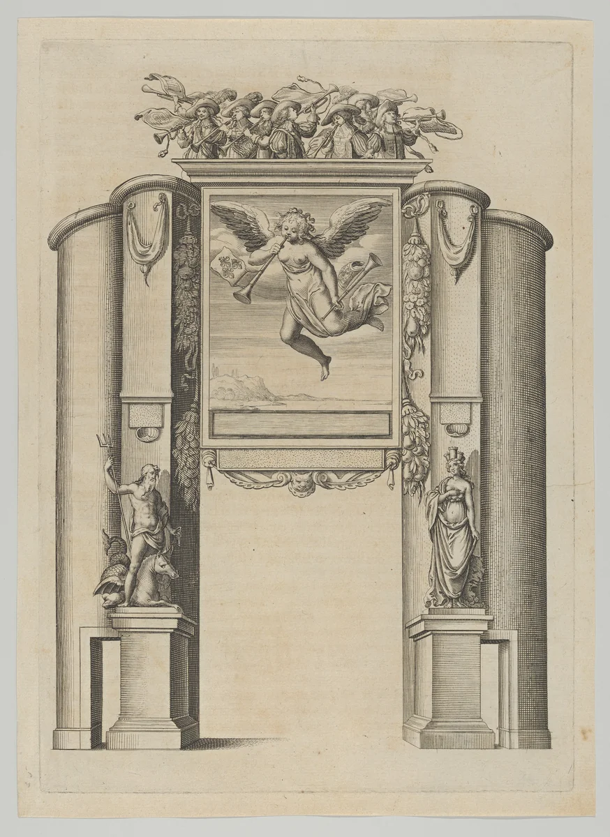 Triumphal arch, from 'Éloges et discours sur la triomphante réception du Roy en sa ville de Paris ...' by Jean-Baptiste de Machault by Melchior Tavernier, print, 1629