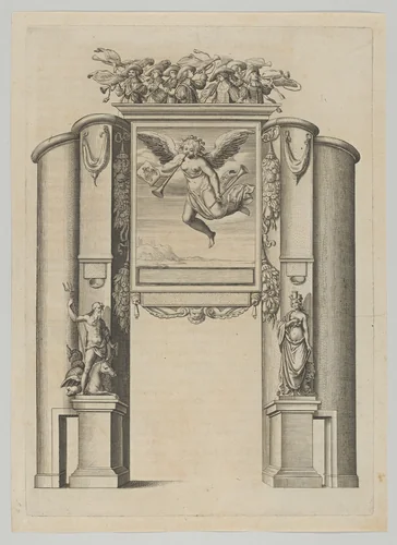 Triumphal arch, from 'Éloges et discours sur la triomphante réception du Roy en sa ville de Paris ...' by Jean-Baptiste de Machault by Melchior Tavernier, print, 1629