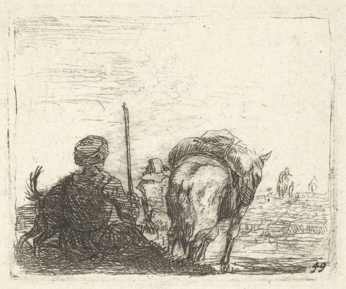 Pack-horse, seated man with staff in right hand, and dog, all viewed from the rear, from "The Small Landscapes" by Karel Dujardin, print, 1641-1678