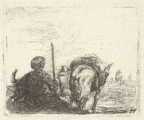 Pack-horse, seated man with staff in right hand, and dog, all viewed from the rear, from "The Small Landscapes" by Karel Dujardin, print, 1641-1678