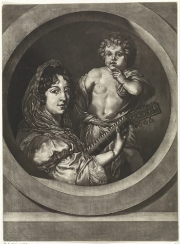 Luitspeelster en kind by Pieter van den Berge, print, 1686-1737