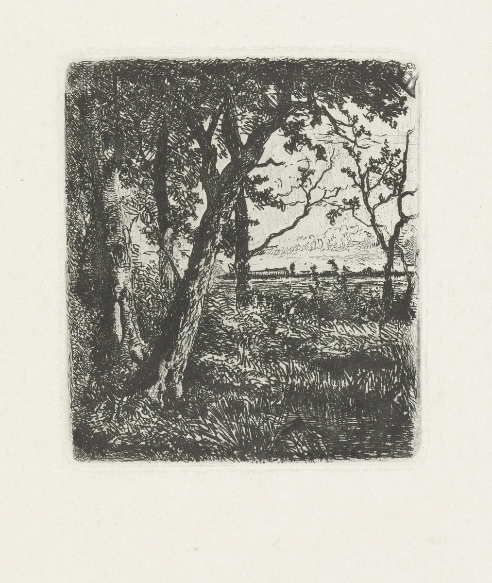 Bomen aan een waterkant by Marinus Heijl, print, 1846-1931