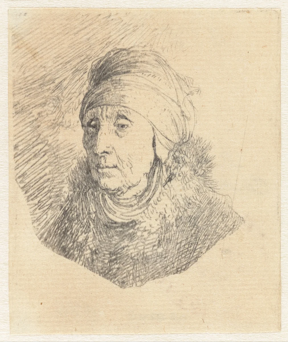Woman with a high headdress wrapped around the chin: bust by Rembrandt van Rijn, print, 1630