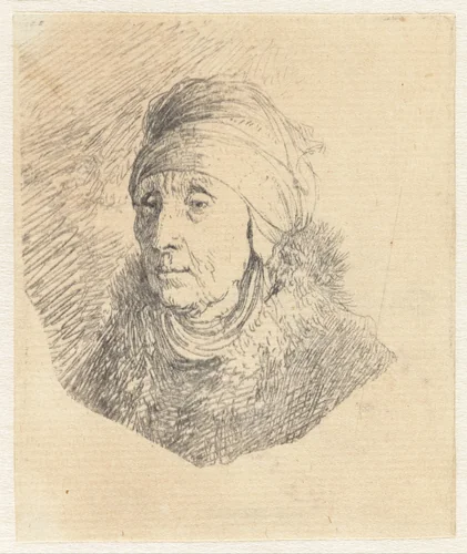 Woman with a high headdress wrapped around the chin: bust by Rembrandt van Rijn, print, 1630