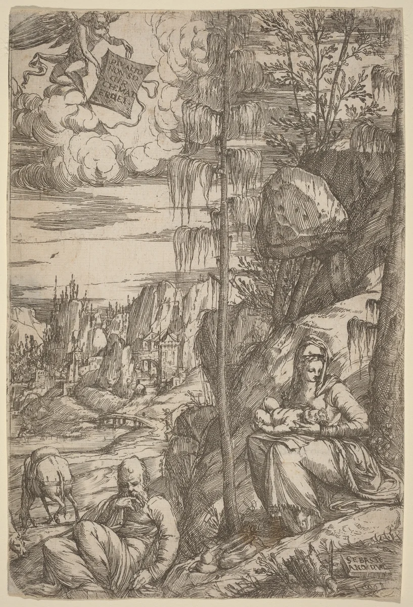 Landscape with the Rest on the Flight into Egypt by Sebastiano de' Valentinis, print, 1488-1600