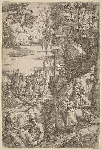 Landscape with the Rest on the Flight into Egypt by Sebastiano de' Valentinis, print, 1488-1600