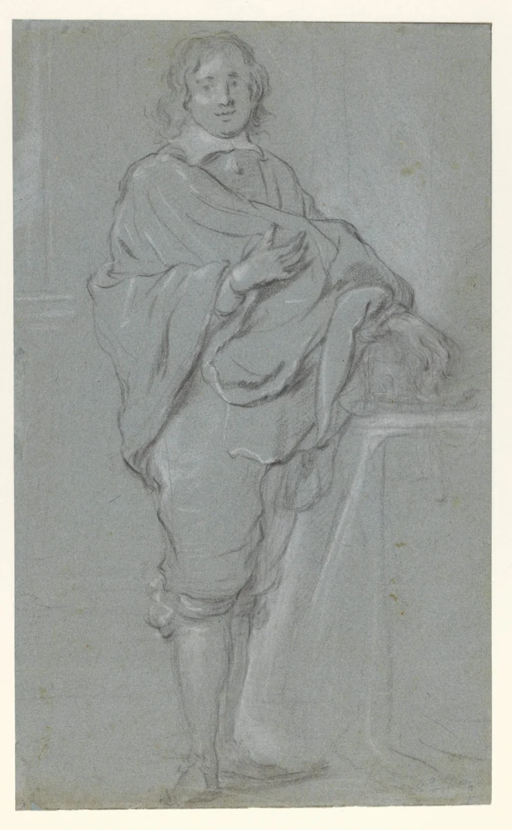 Staande man bij een tafel by Govert Flinck, drawing, 1644-1646