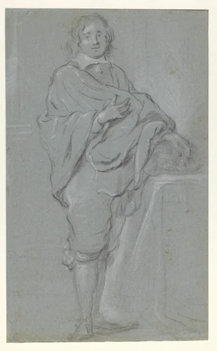 Staande man bij een tafel by Govert Flinck, drawing, 1644-1646