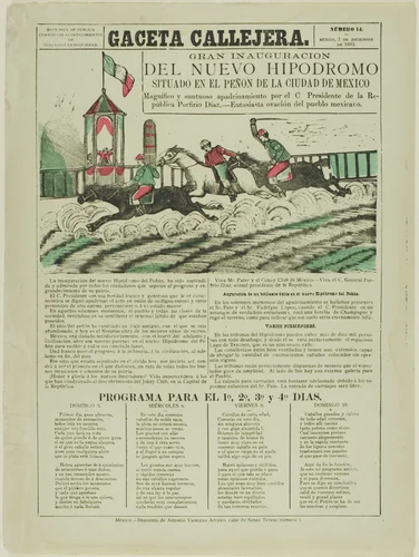 The Street Gazette: Grand Inauguration of the New Racetrack Situated on Peñón Hill in Mexico City by José Guadalupe Posada, print, 1893
