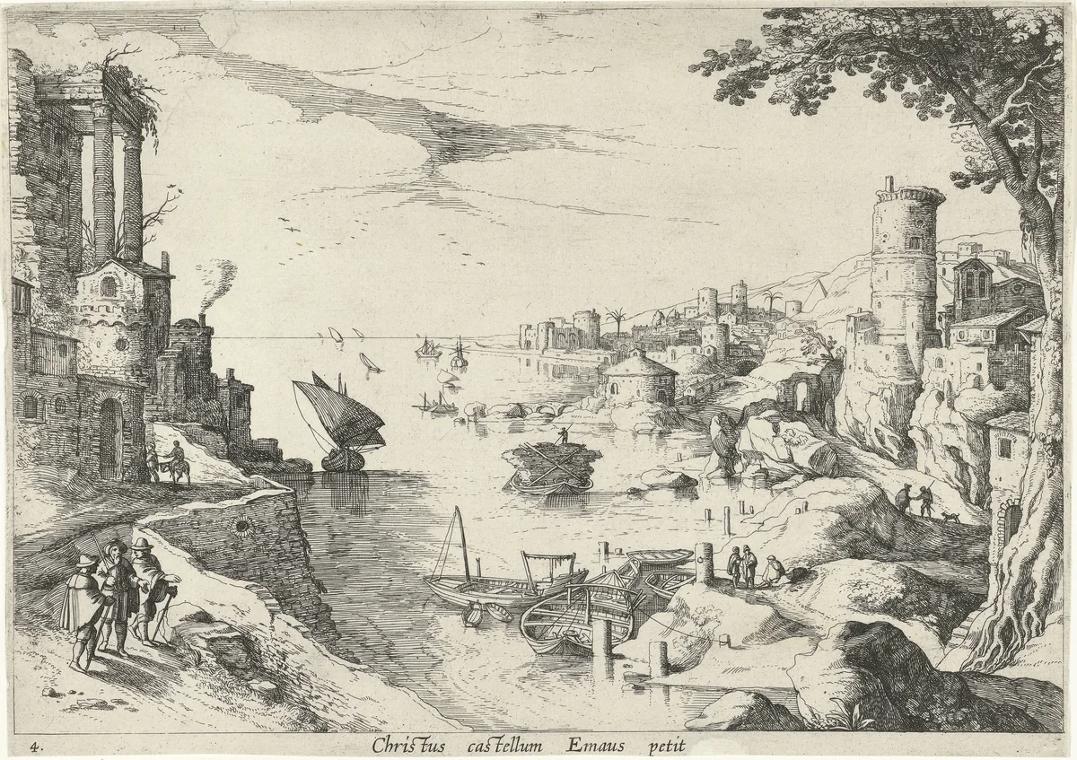 Landschap met de Emmaüsgangers by Guilliam van Nieulandt, print, 1606-1628