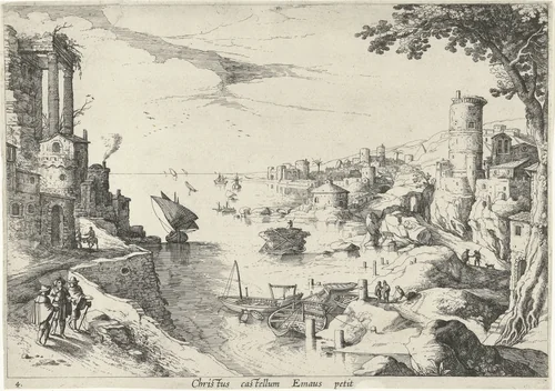 Landschap met de Emmaüsgangers by Guilliam van Nieulandt, print, 1606-1628