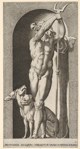 Plate 7: Pluto in a niche, holding a bident, with Cerberus next to him, from "Mythological Gods and Goddesses" by Giovanni Jacopo Caraglio, print, 1526