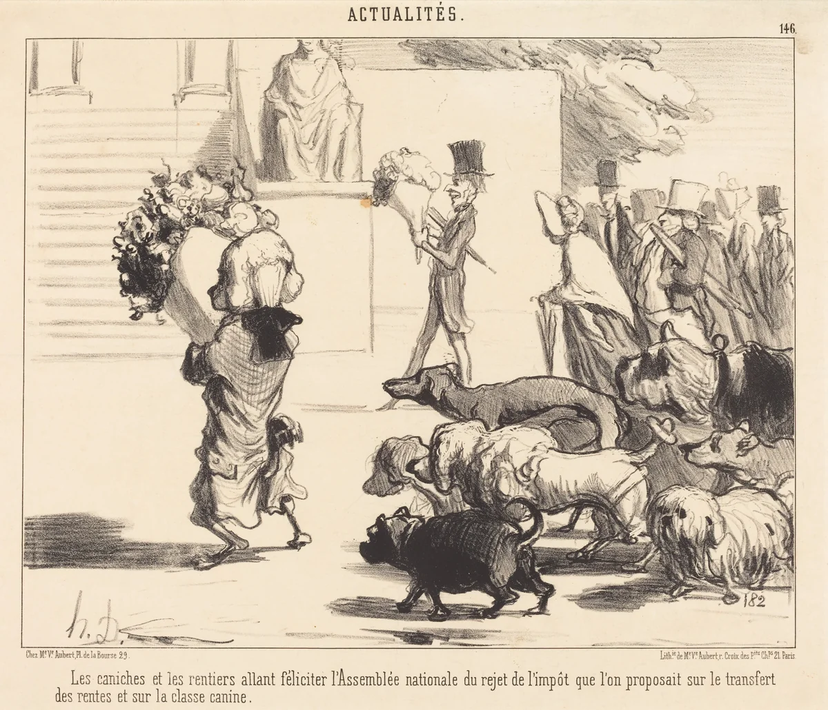 Les Caniches et les rentiers allant féliciter l'Assemblée... by Honoré Daumier, print, 1850