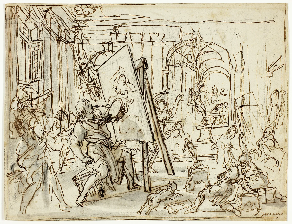 Earthquake in an Artist's Studio by Pietro da Cortona, drawing, 1650-1670