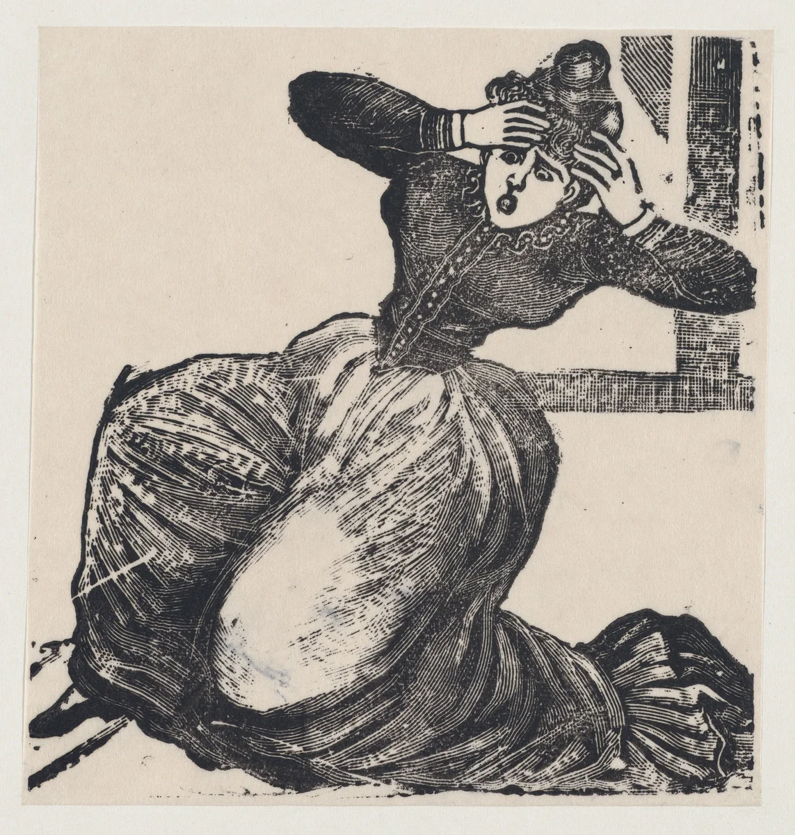 A gasping woman on the ground with her hands raised to her head, from a broadside entitled 'Gaceta Callejera' by José Guadalupe Posada, print, 1891