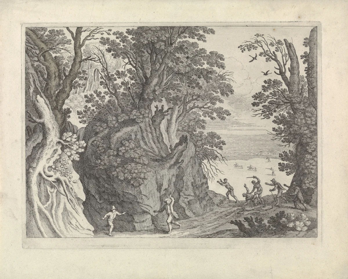 Landschap met een gewapende overval by Guilliam van Nieulandt, print, 1594-1635