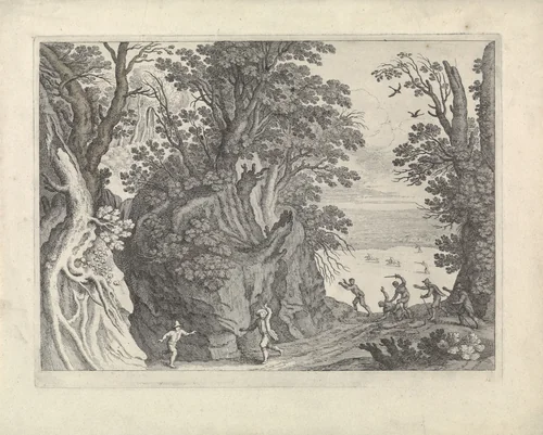 Landschap met een gewapende overval by Guilliam van Nieulandt, print, 1594-1635