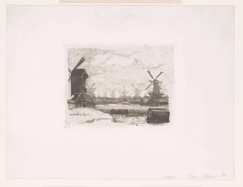 Landschap met windmolens by Leo Van Aken, print, 1867-1904