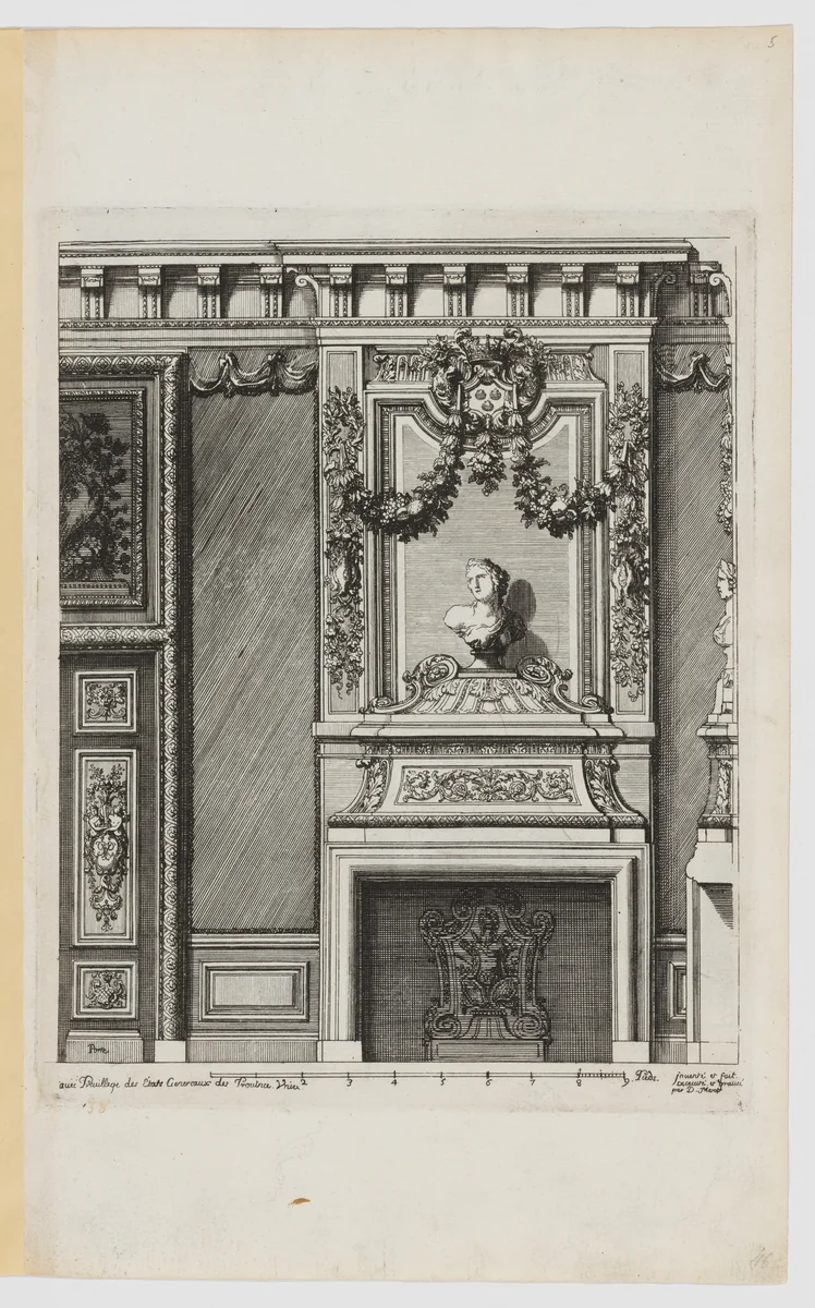 Chimney-Piece with a Bust on the Overmantel, from Nouvelles Cheminées Faittes en Plusieur en Droits de la Hollande et Autres Prouinces, part of Œuvres du Sr. D. Marot by Daniel Marot, print, 1703-1712