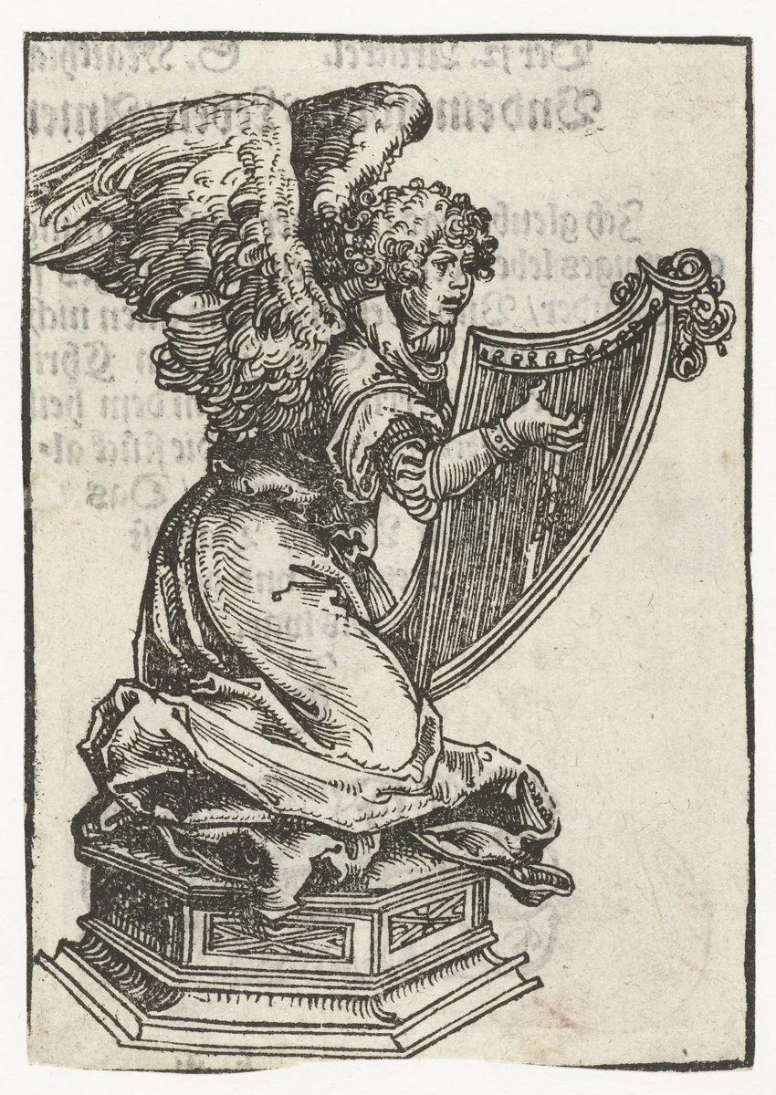 Beeld van knielende engel met harp by Lucas Cranach, print, 1509-1549