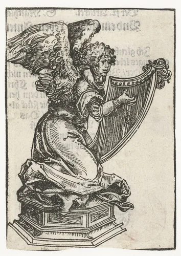 Beeld van knielende engel met harp by Lucas Cranach, print, 1509-1549