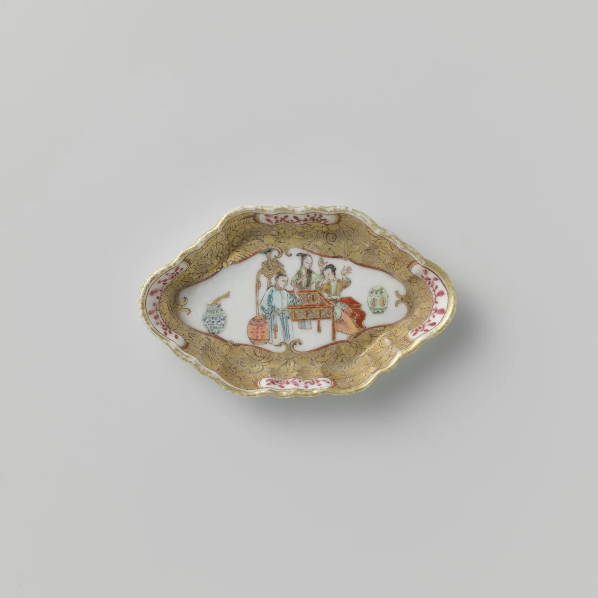 Spoon tray with handle with three women in a panel on a ground of scrolls by anonymous, other, 1750-1774