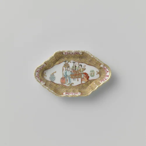 Spoon tray with handle with three women in a panel on a ground of scrolls by anonymous, other, 1750-1774