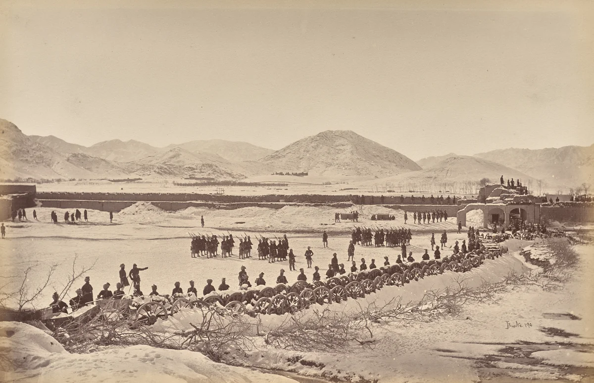 Sherpur. The Laager and Abatts, West Corner, Showing the Kotal and Hills by John Burke, photograph, 1878-1880