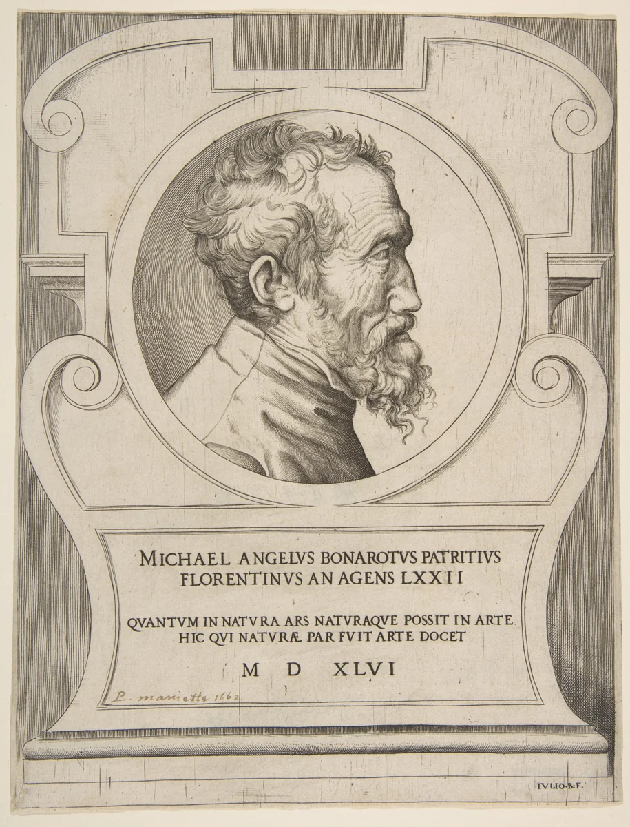 Bust portrait of Michelangelo facing right, set within a cartouche by Giulio Bonasone, print, 1546
