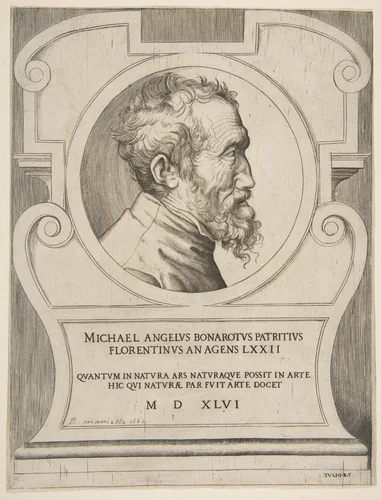 Bust portrait of Michelangelo facing right, set within a cartouche by Giulio Bonasone, print, 1546
