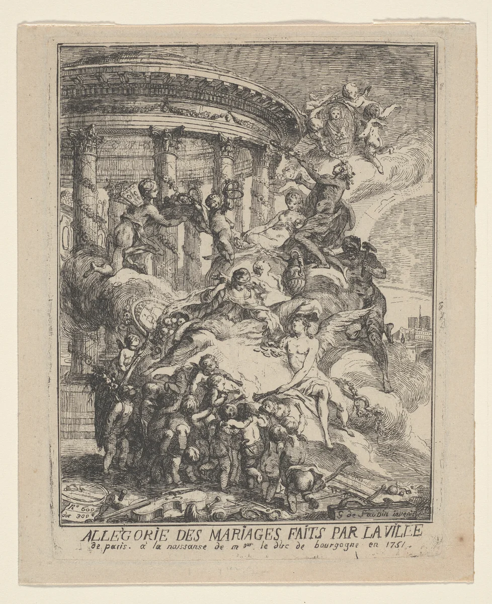 Allegorie des Mariages Faits par la Ville de Paris a la Naissance du Duc de Bourgogne by Gabriel Jacques de Saint-Aubin, print, 1751