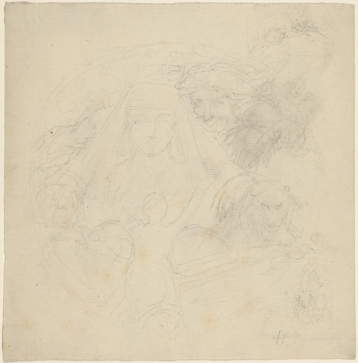 Figure Seen from behind Praying to an Apparition of a Head with Lions Below by John Flaxman, drawing, 1755-1826