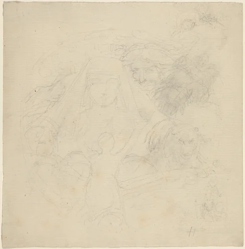 Figure Seen from behind Praying to an Apparition of a Head with Lions Below by John Flaxman, drawing, 1755-1826