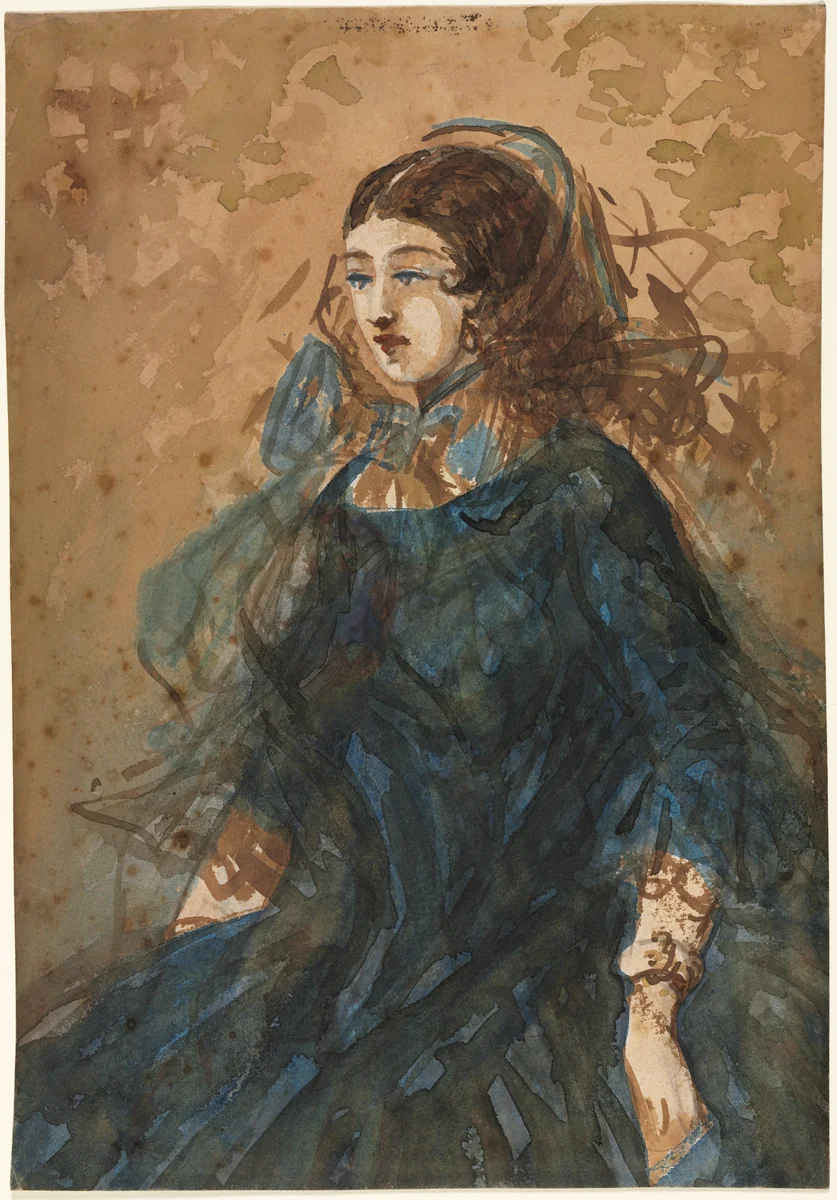 Woman in a Blue Dress (recto) by Constantin Guys, drawing, 1855-1860