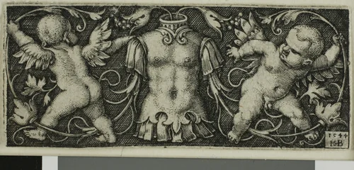 Ornament with Armor and Two Genii, from Four Vignettes by Sebald Beham, print, 1544