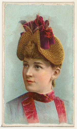 Actress wearing hat with red ribbon, from Stars of the Stage, First Series (N129) issued by W. Duke, Sons & Co. to promote Honest Long Cut Tobacco by W. Duke, Sons & Co., print, 1890