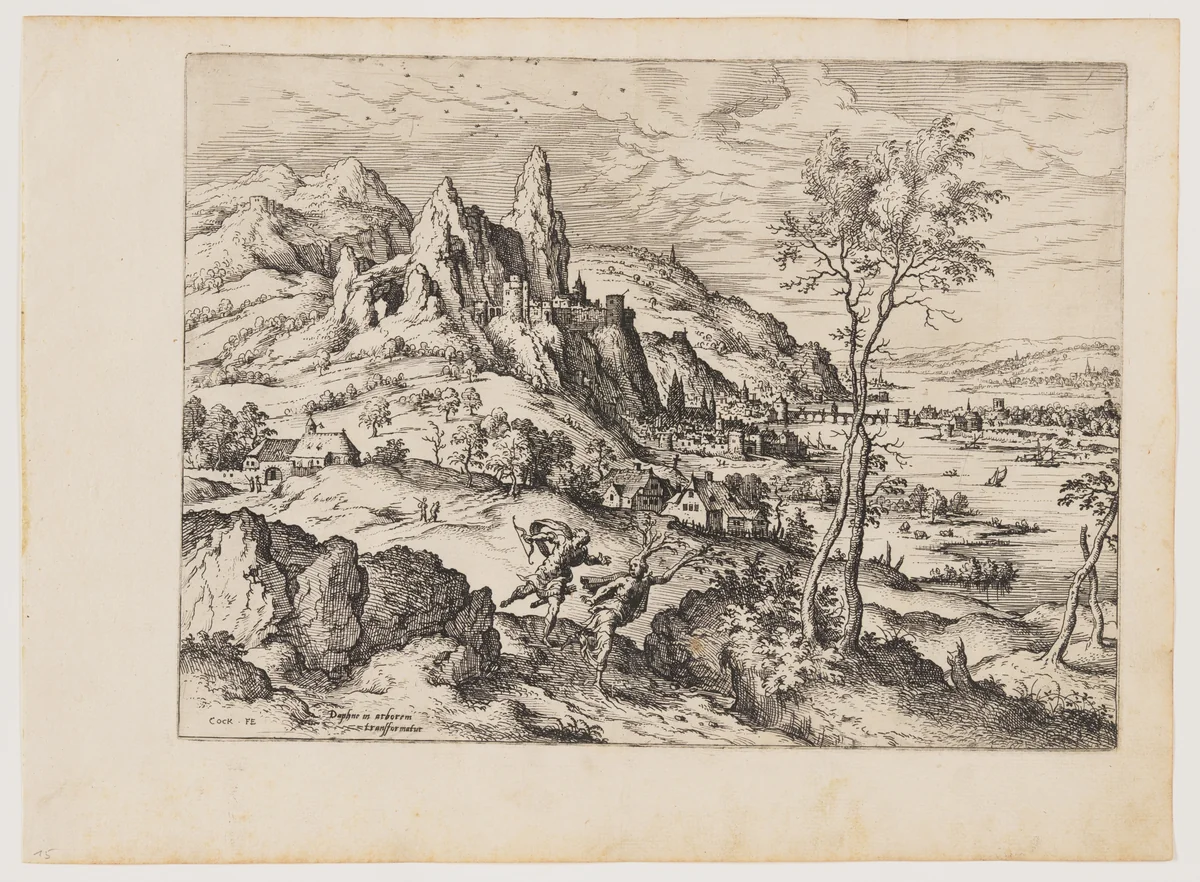 Daphne Persecuted by Apollo, from Landscapes with Biblical and Mythological Scenes by Hieronymus Cock, print, 1558