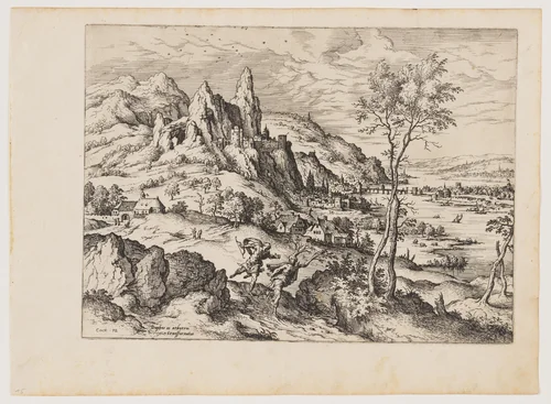 Daphne Persecuted by Apollo, from Landscapes with Biblical and Mythological Scenes by Hieronymus Cock, print, 1558