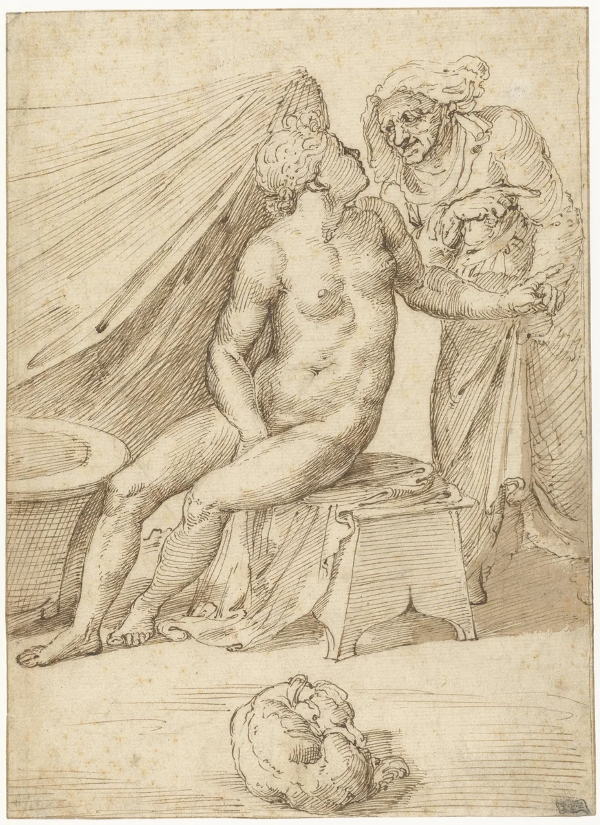 Oude vrouw brengt een boodschap naar een jonge vrouw gezeten bij een bad by anonymous, drawing, 1540-1560