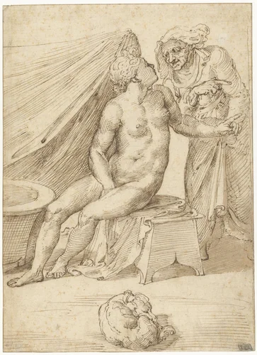 Oude vrouw brengt een boodschap naar een jonge vrouw gezeten bij een bad by anonymous, drawing, 1540-1560