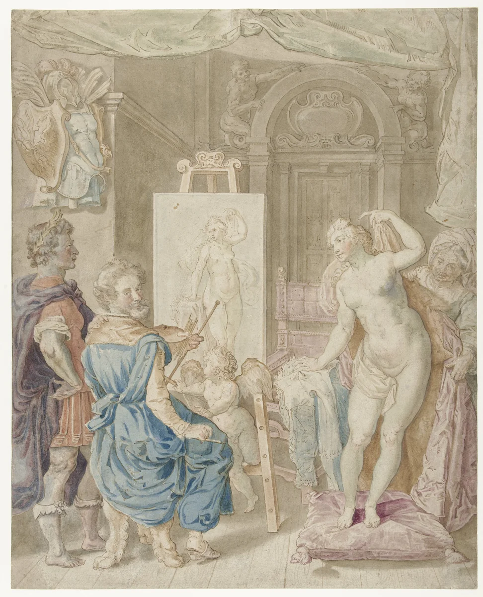 Apelles schildert Campaspe by Pieter Isaacsz, drawing, 1579-1625