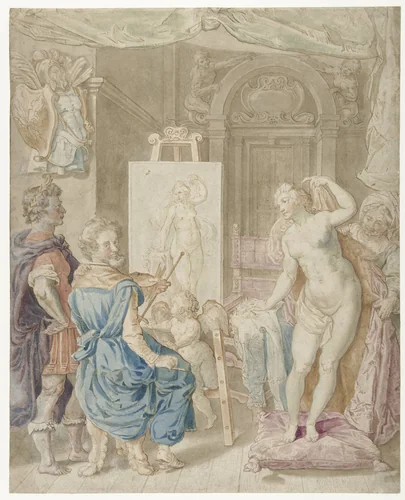 Apelles schildert Campaspe by Pieter Isaacsz, drawing, 1579-1625