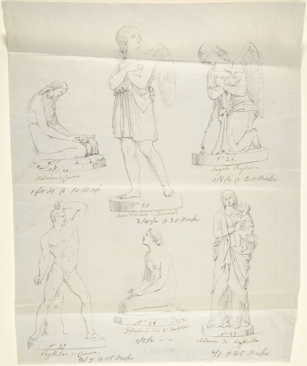 Sketches of six statues: Magdalen by Canova, Divine Love by Bienaimé, Praying Angel, Boxer by Canova, Trust in God by Bartolini, and Madonna by Raphael by John Gibson, drawing, 1845-1855