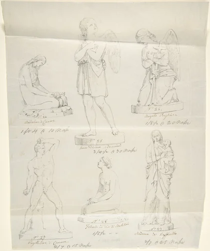 Sketches of six statues: Magdalen by Canova, Divine Love by Bienaimé, Praying Angel, Boxer by Canova, Trust in God by Bartolini, and Madonna by Raphael by John Gibson, drawing, 1845-1855