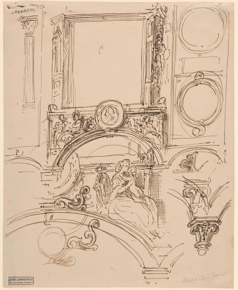 Architectural Details for a Wall Decoration with Empress Maria Theresia Embracing the Young Wolfgang Amadeus Mozart by Moritz von Schwind, drawing, 1804-1871