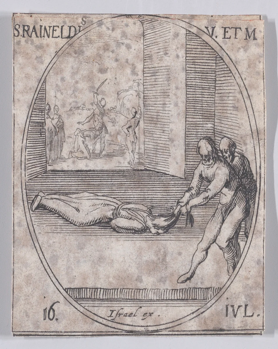 Ste. Reynelde, vierge et martyre (St. Reineldis, Virgin and Martyr), July 16th, from "Les Images De Tous Les Saincts et Saintes de L'Année" (Images of All of the Saints and Religious Events of the Year) by Jacques Callot, print, 1636