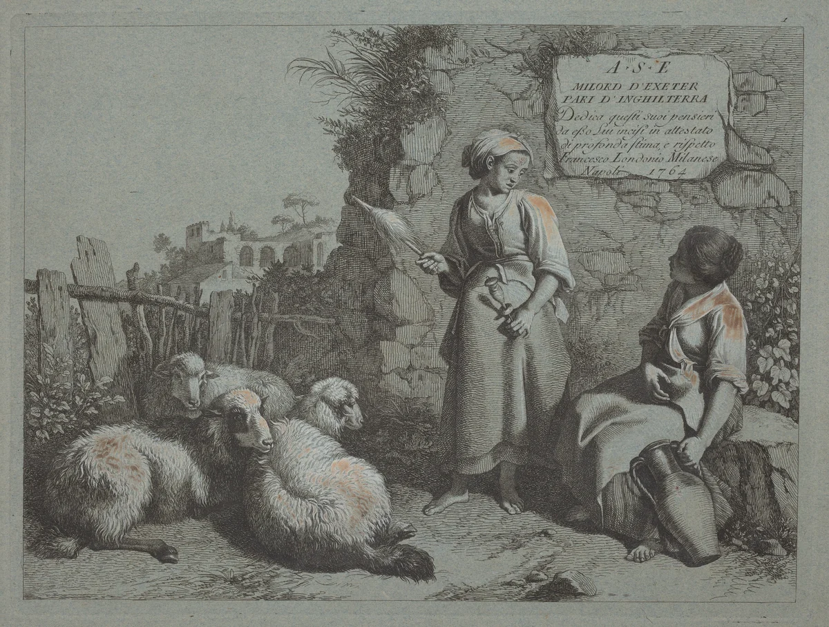 Two Girls Conversing: One Standing and Spinning by Francesco Londonio, print, 1723-1783