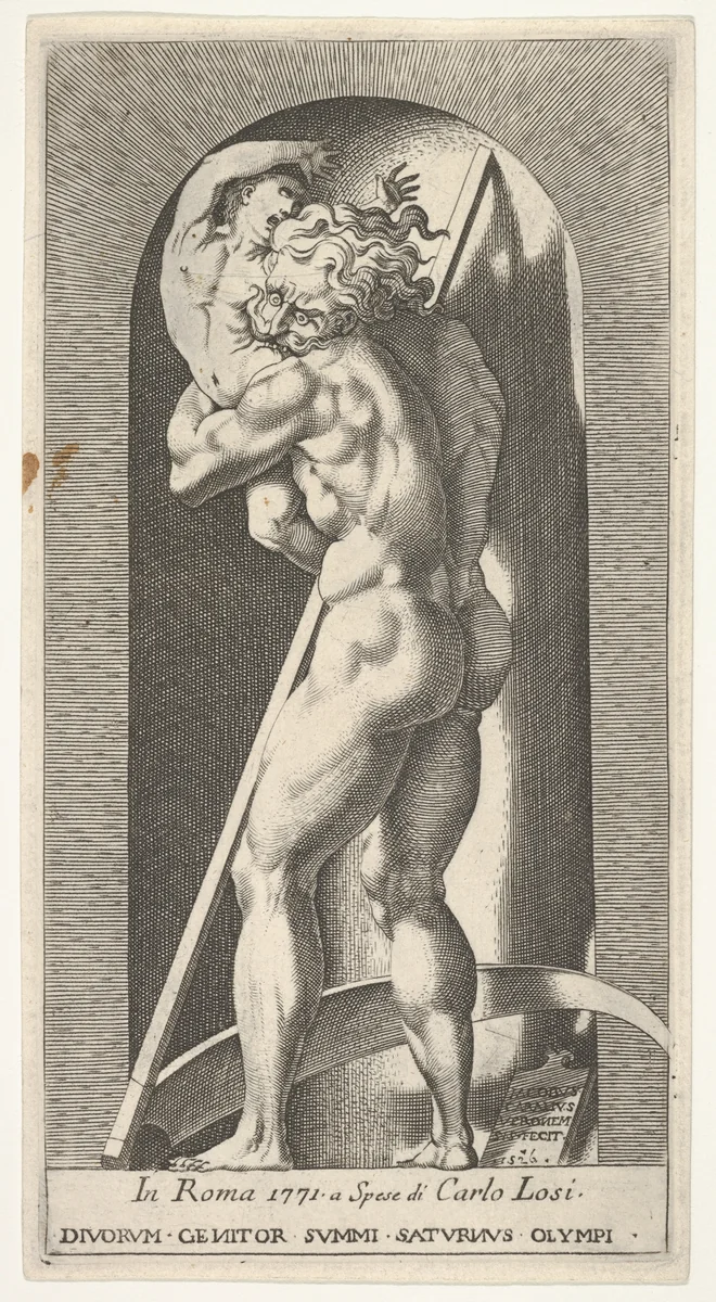 Plate 1: Saturn in a niche devouring his son, standing before a scythe, from a series of mythological gods and goddesses by Giovanni Jacopo Caraglio, print, 1526