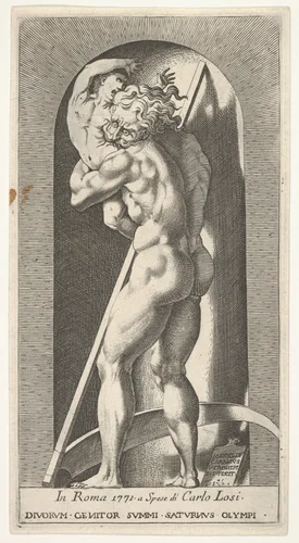 Plate 1: Saturn in a niche devouring his son, standing before a scythe, from a series of mythological gods and goddesses by Giovanni Jacopo Caraglio, print, 1526