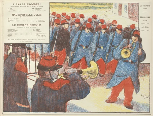 Program for Down with Progress! (A bas le progrès!), Miss Julie (Mademoiselle Julie) and The Brazilian Household (Le Ménage Brésile) from The Beraldi Album of Theatre Programs by Henri Gabriel Ibels, print, 1893